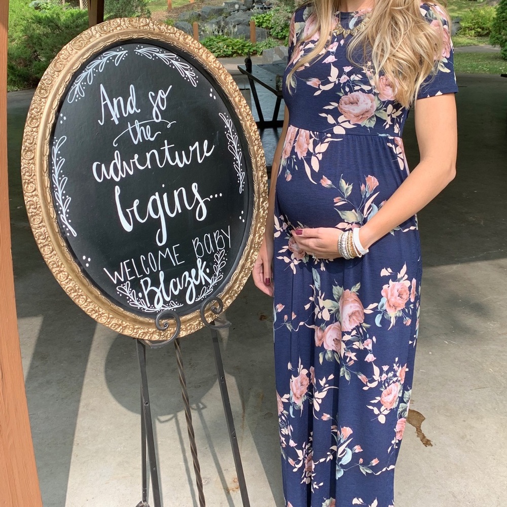 Navy Blue Rose Print Maternity Maxi Dress
